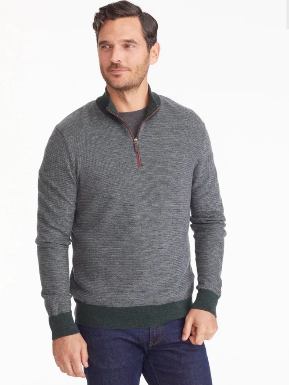 UNTUCKit Men's Merino Wool Gray Half-Zip Sweater with Dark Green Trim Lg